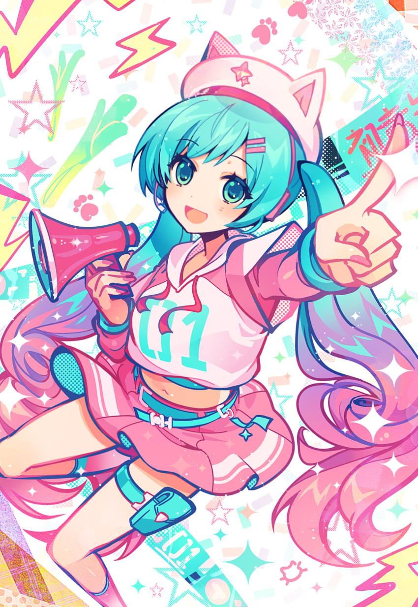 1girl, :d, animal_hat, anzu_(anzuhan), aqua_eyes, aqua_hair, aqua_trim, belt