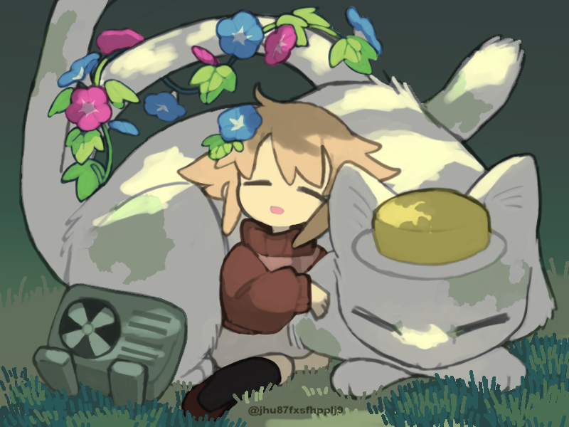 animal, black_socks, blonde_hair, blue_flower, brown_footwear, brown_sweater, cat, closed_eyes