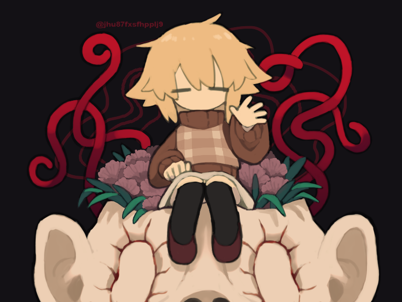 1girl, black_socks, blonde_hair, brown_footwear, brown_sweater, closed_eyes, deformed, facing_viewer