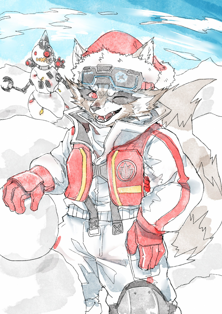 1boy, absurdres, animal_ears, ao_gravity, blue_sky, clouds, fangs, furry, furry_male, gloves, goggles, goggles_on_head, hand_on_own_hip, hat, highres, jacket, looking_at_viewer, male_focus, marvel, marvel_rivals, one_eye_closed, open_mouth, raccoon_boy, raccoon_ears, raccoon_tail, red_eyes, red_gloves, red_vest, rocket_raccoon, rocket_raccoon_(wild_winter)_(marvel_rivals), santa_hat, sky, snowman, tail, vest, whiskers, white_jacket