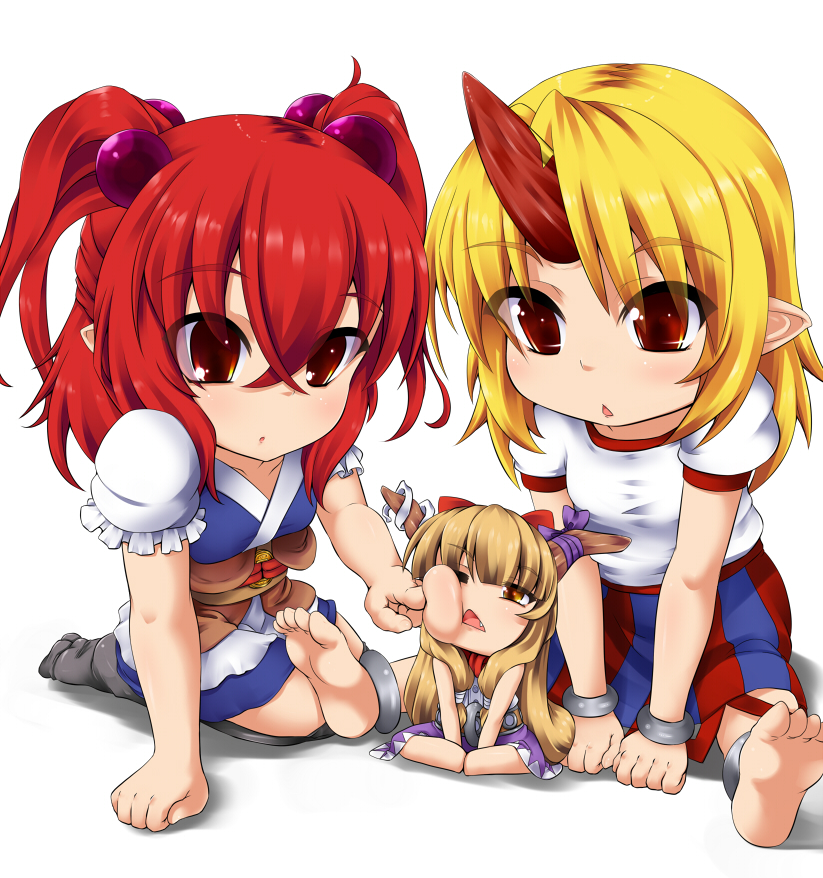 :<, :o, amau_(artist), barefoot, blonde_hair, brown_hair, cheek_poke, chibi