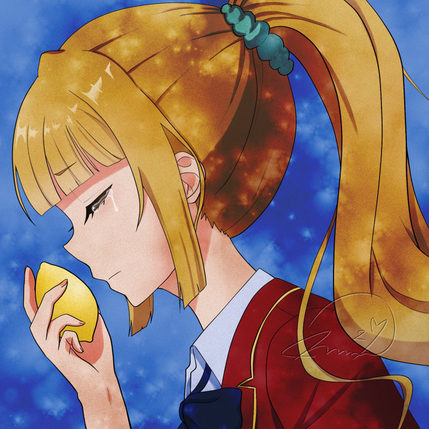 1girl, advanced_nurturing_high_school_uniform, blonde_hair, blue_background, blue_bow, blue_collar, blue_scrunchie, blue_shirt, bow, bowtie, close-up, closed_eyes, closed_mouth, collar, food, fruit, highres, holding, holding_food, holding_fruit, jacket, karuizawa_kei, lemon, long_hair, mmm29, ponytail, red_jacket, school_uniform, scrunchie, shirt, solo, tears, youkoso_jitsuryoku_shijou_shugi_no_kyoushitsu_e