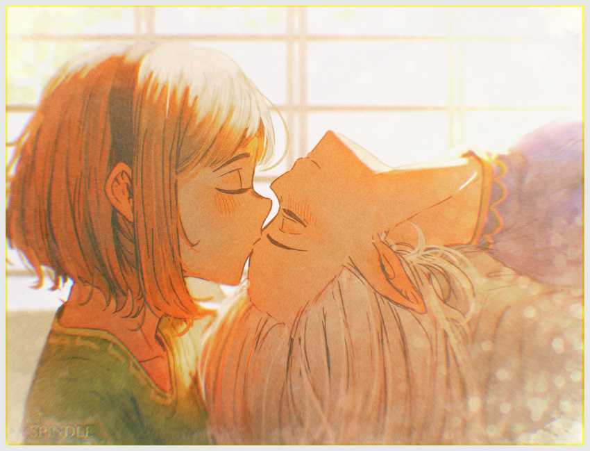 2girls, artist_name, asimov_(spindle_(aidenr0)), black_hairband, brown_hair, day, green_shirt, hairband