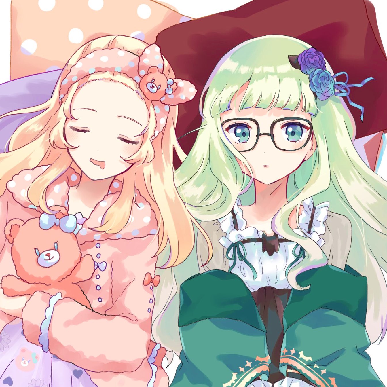 2girls, aikatsu!, aikatsu!_(series), bad_id, bad_twitter_id, blonde_hair, blue_eyes, blue_flower