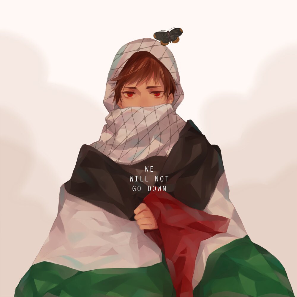 1boy, artist_request, brown_hair, bug, butterfly, check_artist, english_text, flag