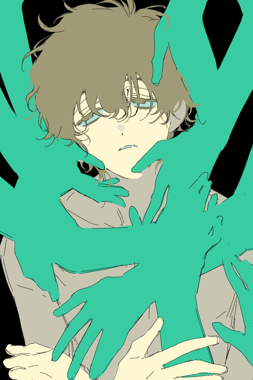 1boy, alien_stage, black_background, blonde_hair, colored_eyelashes, flat_color, green_hands, highres