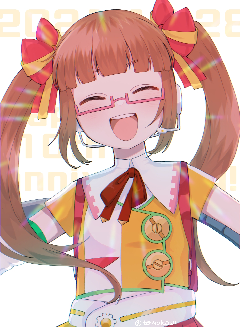 1girl, :d, bow, brown_hair, closed_eyes, elbow_gloves, facing_viewer, glasses