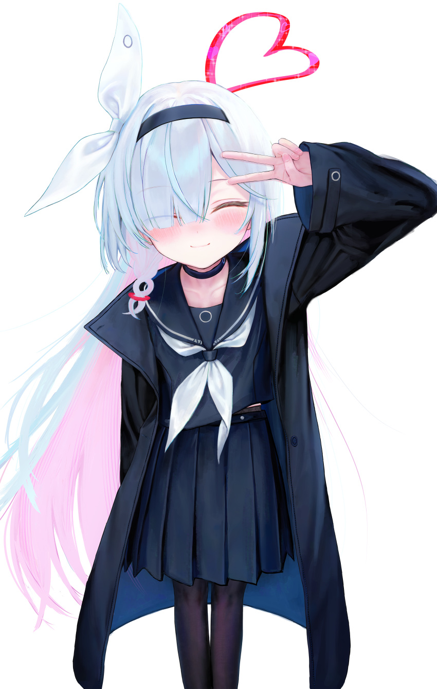 1girl, absurdres, black_coat, black_hairband, black_pantyhose, black_sailor_collar, black_serafuku, black_shirt