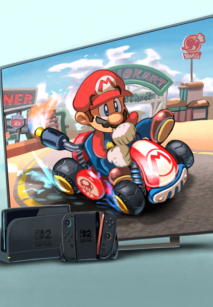 1boy, :o, blue_overalls, brown_hair, commentary, drifting, driving, english_commentary, exhaust_pipe, facial_hair, game_console, gloves, go-kart, hat, highres, joy-con, long_sleeves, male_focus, maribou_(supermaribou), mario, mario_kart, mario_kart_9, mustache, nintendo_switch_2, outdoors, overalls, parted_lips, red_hat, red_shirt, shirt, solo, steering_wheel, super_mario_bros., television, white_gloves, yoshi
