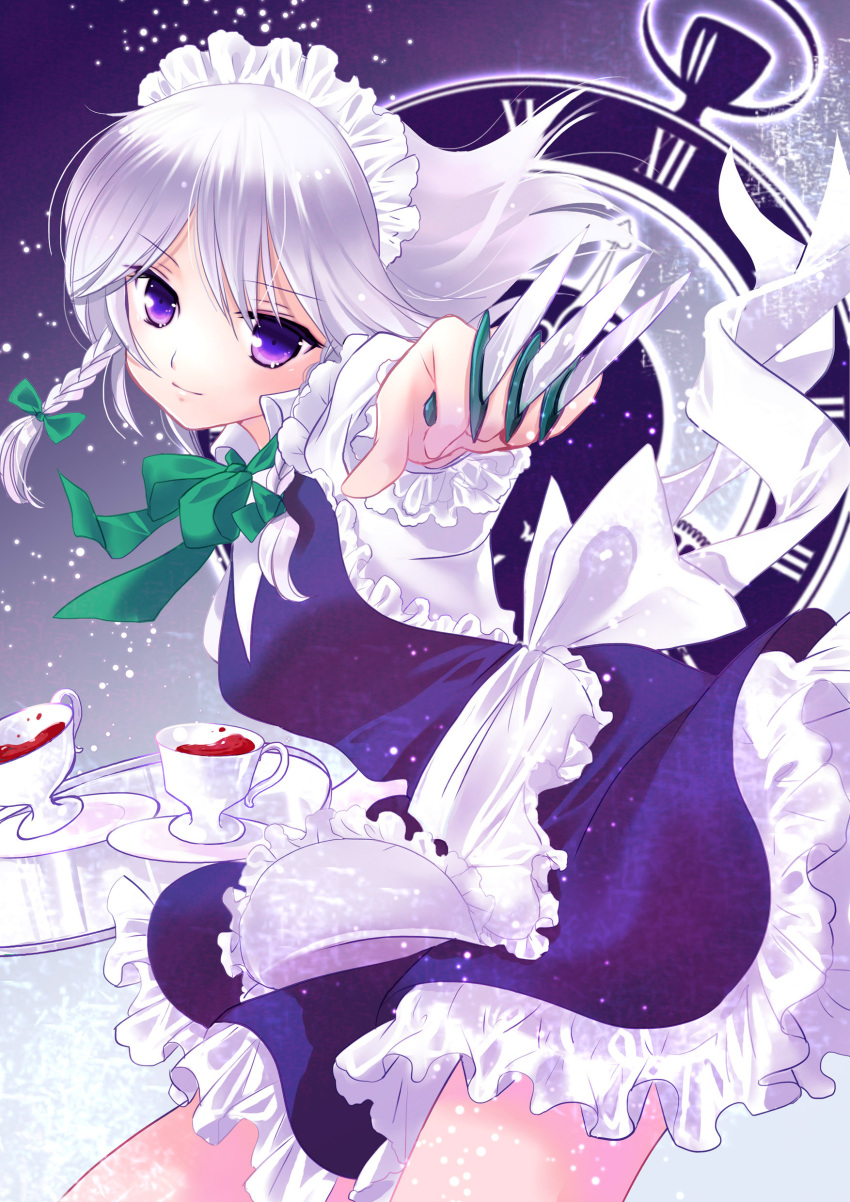 absurdres, blue_eyes, braid, cup, highres, izayoi_sakuya, knife, maid