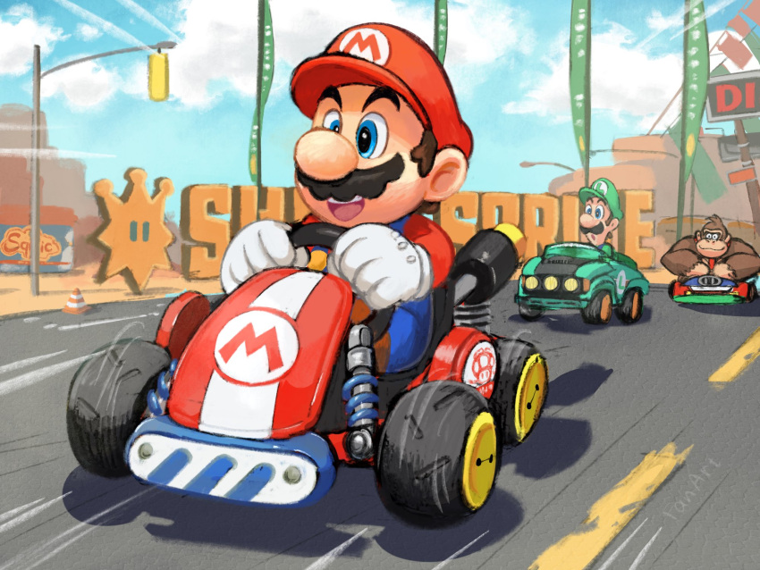 3boys, ape, blue_eyes, blue_overalls, brown_fur, clouds, cloudy_sky, donkey_kong, donkey_kong_(series), facial_hair, furry, gloves, go-kart, gorilla, green_hat, green_shirt, happy, hat, highres, long_sleeves, luigi, mario, mario_kart, mario_kart_9, multiple_boys, mustache, open_mouth, outdoors, overalls, race_vehicle, red_hat, red_shirt, road, shirt, short_hair, sign, sky, smile, super_mario_bros., traffic_light, white_gloves, ya_mari_6363