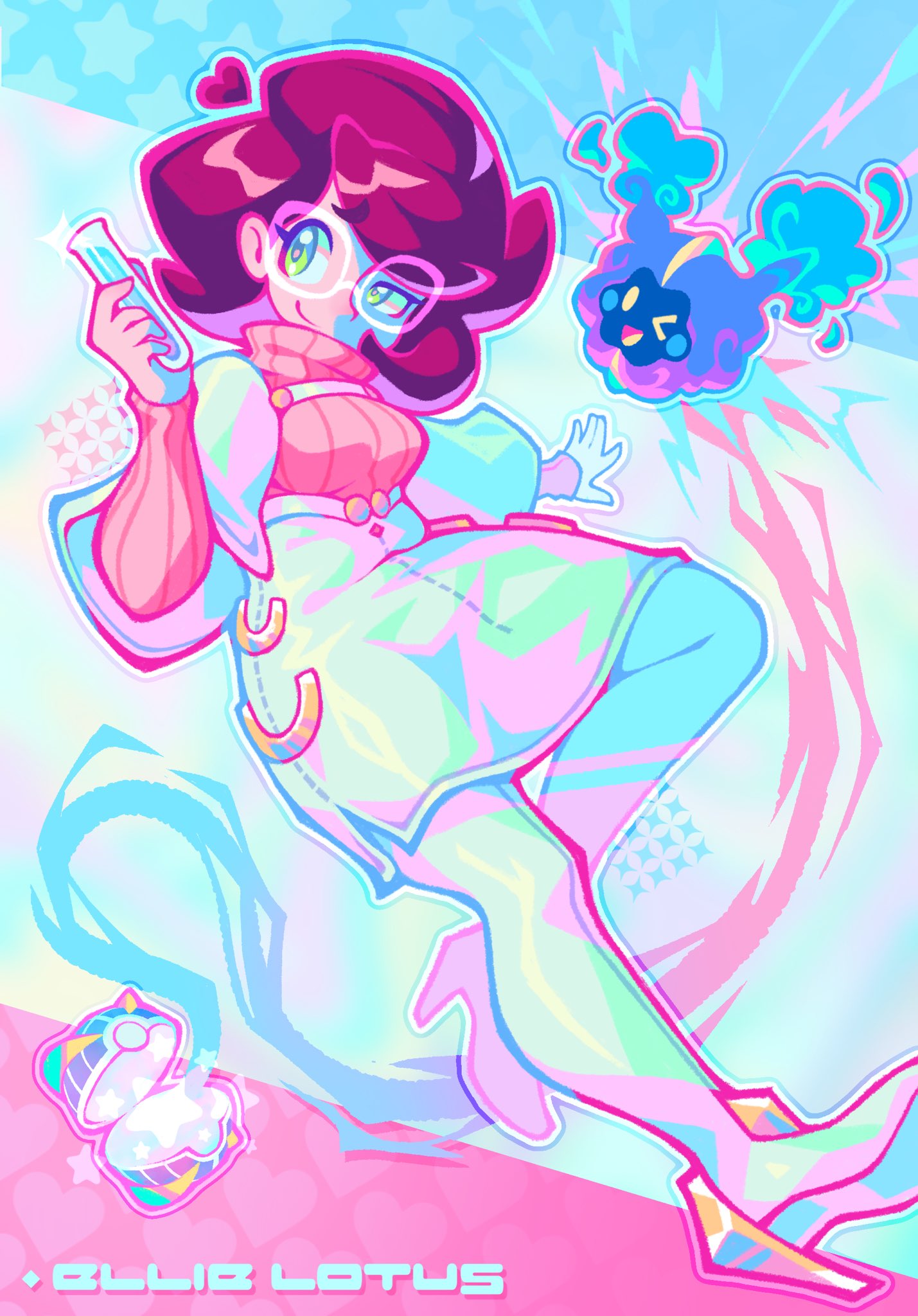 >_o, 1girl, beast_ball, big_hair, breasts, capelet, cosmog, ellie_lotus