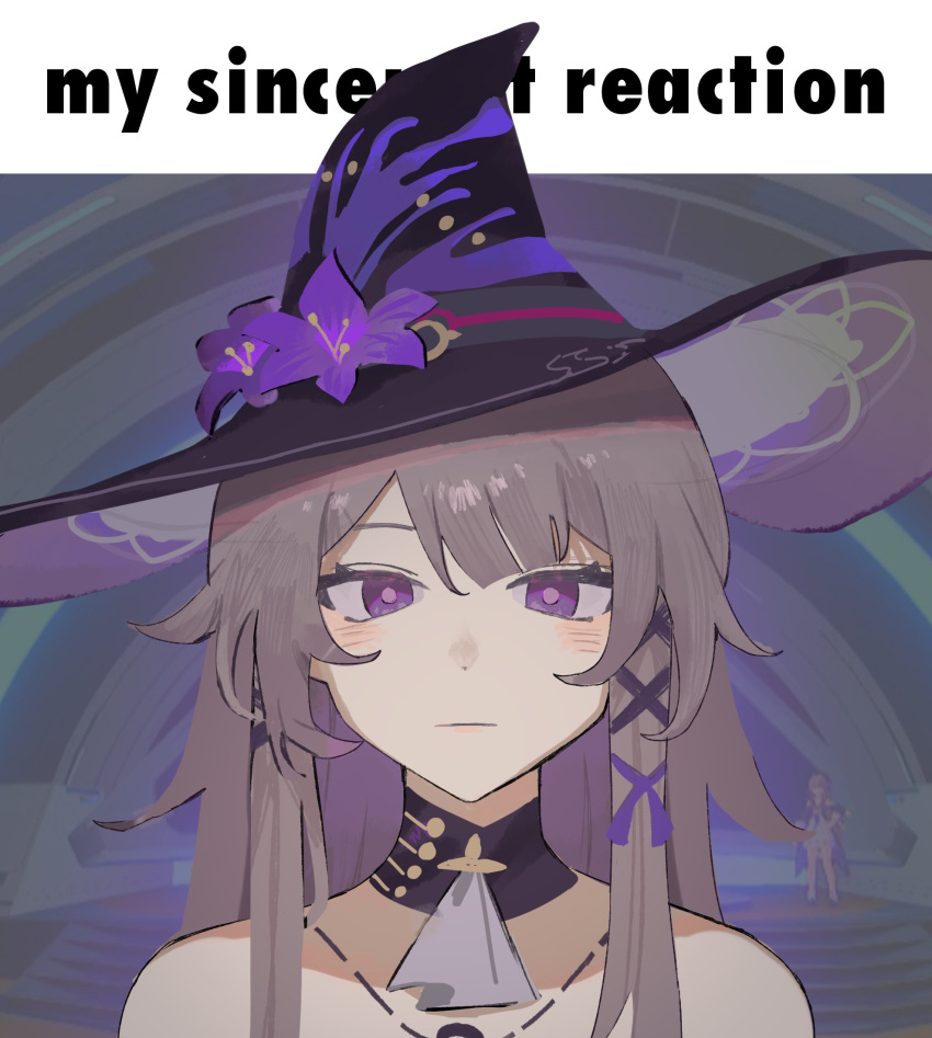 2girls, bare_shoulders, black_choker, black_hat, choker, commentary, dual_persona, english_commentary, flower, grey_hair, hat, hat_flower, herta_(honkai:_star_rail), highres, honkai:_star_rail, honkai_(series), jewelry, long_hair, looking_at_viewer, multiple_girls, necklace, portrait, purple_flower, screenshot_background, selvha, the_herta_(honkai:_star_rail), violet_eyes, witch_hat