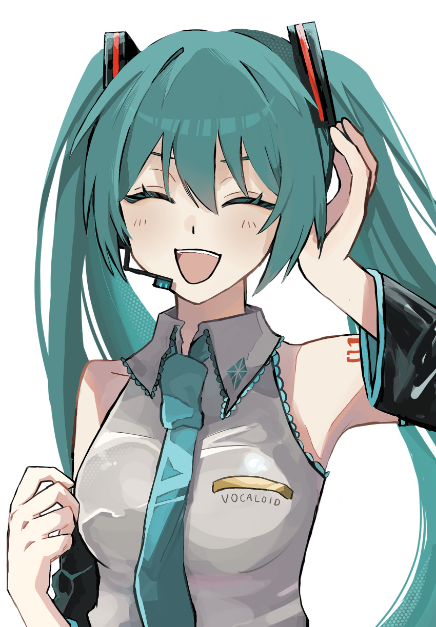1girl, blue_hair, closed_eyes, collared_shirt, commentary_request, detached_sleeves, hair_ornament, hand_on_own_head