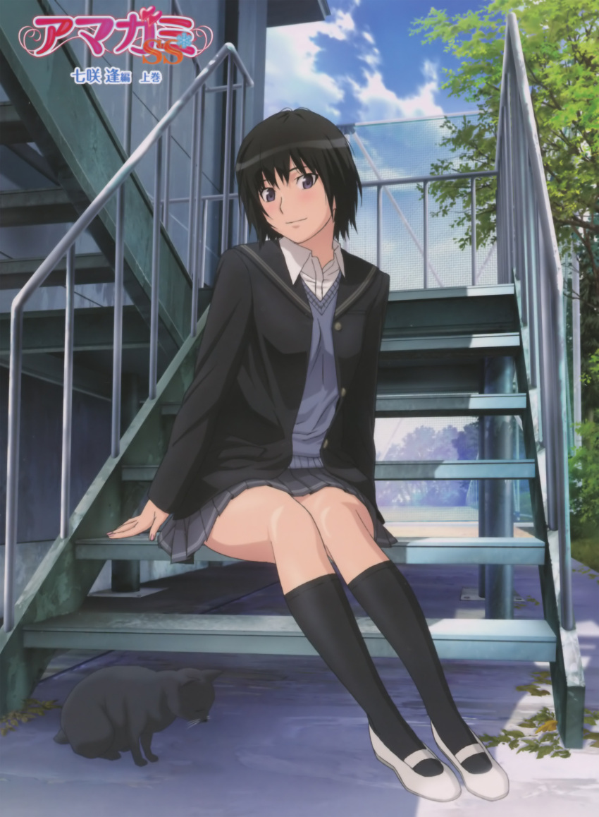 amagami, black_eyes, black_hair, blue_eyes, cardigan, cat, cloud, clouds