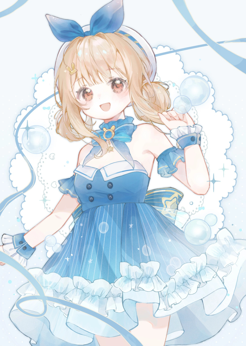 1girl, absurdres, back_bow, baonu_de_zhanshen_caibutou, bare_shoulders, beret, blonde_hair, blue_background, blue_bow, blue_bowtie, blue_brooch, blue_choker, blue_dress, blue_ribbon, blue_sleeves, blue_wrist_cuffs, blunt_bangs, bow, bowtie, brown_eyes, bubble, bubble_print, bubbly_voyage_(infinity_nikki), buttons, chinese_commentary, choker, collared_dress, commentary_request, cowboy_shot, detached_sleeves, dot_nose, dress, eyelashes, frilled_choker, frilled_dress, frilled_sleeves, frilled_wrist_cuffs, frills, hair_ornament, hair_rings, hairclip, hand_up, happy, hat, hat_bow, highres, infinity_nikki, light_blush, nikki_(series), open_mouth, rabbit_hair_ornament, ribbon, short_dress, short_hair, short_sleeves, sidelocks, smile, solo, sparkle, standing, star_(symbol), star_print, strapless, strapless_dress, striped_bow, striped_clothes, striped_dress, tareme, vertical-striped_clothes, vertical-striped_dress, white_hat, wrist_cuffs