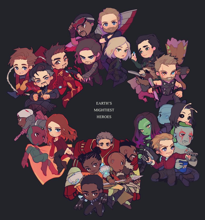 6+boys, 6+girls, antennae, armor, artist_name, bald, bald_girl, beard, black_background, black_hair, black_panther_(film), black_panther_(marvel), blonde_hair, blue_eyes, blue_skin, bright_pupils, brown_eyes, brown_hair, captain_america, character_request, closed_mouth, colored_skin, commentary, dark-skinned_female, dark-skinned_male, dark_skin, doctor_strange, double_bun, drax_the_destroyer, english_commentary, english_text, everyone, facial_hair, gamora, goatee, gradient_hair, groot, guardians_of_the_galaxy, hair_bun, heterochromia, hikazio, holding, holding_polearm, holding_weapon, iron_man, james_buchanan_barnes, james_rhodes, killmonger, loki_(marvel), long_hair, looking_at_viewer, mantis_(marvel), marvel, marvel_cinematic_universe, merchandise_available, multicolored_hair, multiple_boys, multiple_girls, mustache, nebula_(gotg), okoye, open_mouth, peter_parker, peter_quill, polearm, purple_hair, red_eyes, red_skin, rocket_raccoon, sam_wilson, scar, scar_across_eye, short_hair, shuri_(marvel), simple_background, smile, spear, spider-man, steve_rogers, t'challa, thor_(marvel), tony_stark, twitter_username, very_dark_skin, vision_(marvel), wanda_maximoff, war_machine, weapon, white_pupils, winter_soldier