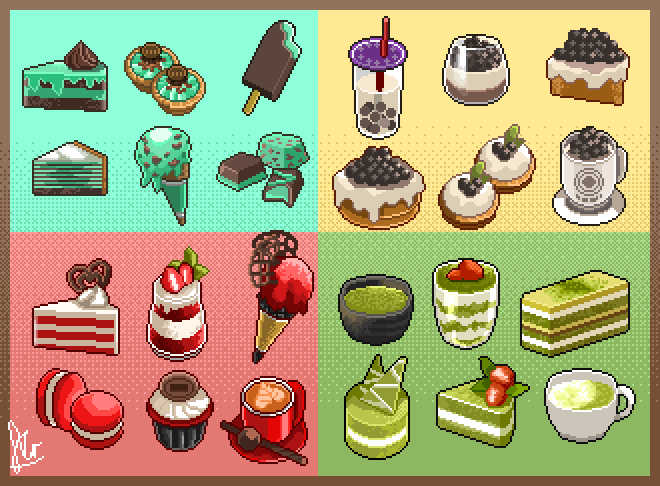 aqua_background, border, brown_border, bubble_tea, cake, cake_slice, coffee, commentary_request