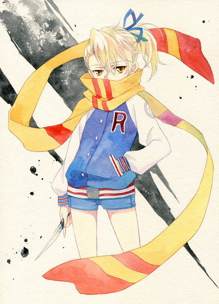 blonde_hair, hair_ribbon, hand_in_pocket, jacket, kirishima_kirihiko, knife, kurenai, ponytail