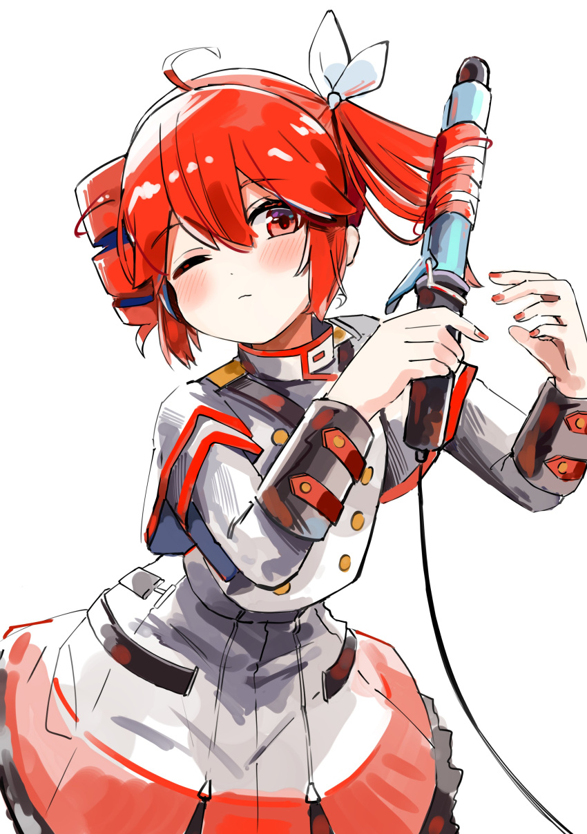 1girl, absurdres, ahoge, black_sleeve_cuffs, blush, bow, commentary, curling_hair