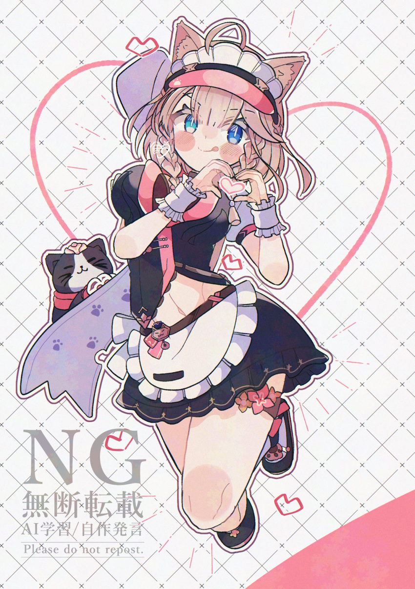 1girl, ahoge, animal_ears, apron, black_dress, blue_eyes, braid, brown_hair, can_(honkai_impact), cat, cat_ears, cat_girl, commentary, dress, frilled_apron, frilled_wristband, frills, grid_background, heart, heart_hands, highres, honkai_(series), honkai_impact_3rd, maid_apron, maid_headdress, object_request, official_alternate_costume, outline, pardofelis, pardofelis_(meowtose_macchiato), short_hair, socks, solo, thigh_strap, tongue, tongue_out, twin_braids, uouomon0808, visor_cap, watermark, white_apron, white_outline, white_socks