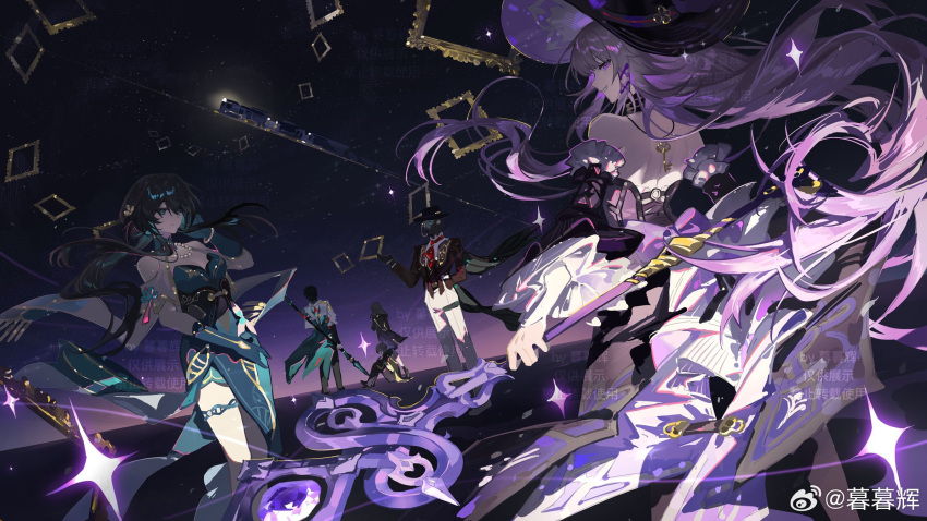 3boys, 3girls, arm_behind_back, artist_name, astral_express_(honkai:_star_rail), backless_dress, backless_outfit, bare_shoulders, bead_necklace, beads, black_dress, black_hair, black_hat, blue_dress, blue_gloves, bracelet, brown_hair, caelus_(honkai:_star_rail), chinese_clothes, chinese_commentary, closed_mouth, commentary_request, dan_heng_(honkai:_star_rail), detached_sleeves, dress, empty_picture_frame, fedora, floating_hair, frilled_sleeves, frills, from_behind, gloves, grin, hand_on_own_cheek, hand_on_own_face, hat, herta_(honkai:_star_rail), highres, holding, honkai:_star_rail, honkai_(series), humanoid_robot, jewelry, key, long_hair, long_sleeves, looking_at_viewer, looking_back, lunyishushenche, monocle, multiple_boys, multiple_girls, necklace, pants, picture_frame, robot, ruan_mei_(honkai:_star_rail), screwllum_(honkai:_star_rail), side_slit, sidelocks, sitting, sleeveless, sleeveless_dress, smile, sparkle, standing, stelle_(honkai:_star_rail), strapless, strapless_dress, tassel, the_herta_(honkai:_star_rail), trailblazer_(honkai:_star_rail), very_long_hair, violet_eyes, watermark, weibo_watermark, white_pants, witch_hat