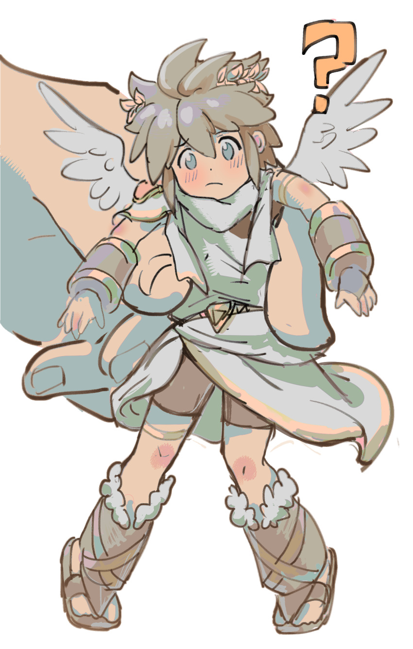 1boy, ?, angel, angel_wings, bike_shorts, blue_eyes, brown_hair, highres