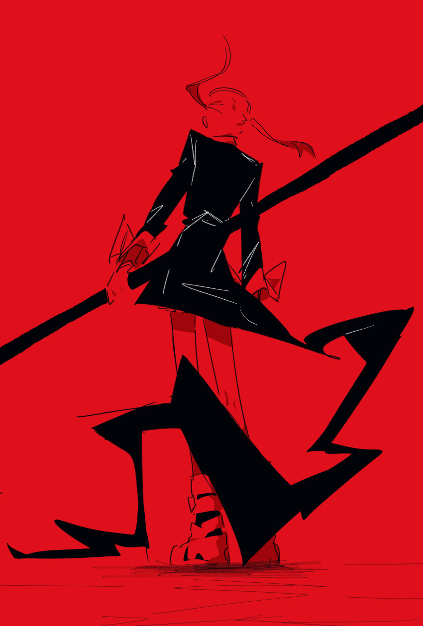 1girl, absurdres, back, boots, coat, floating_hair, full_body, highres, holding, holding_weapon, maka_albarn, red_background, red_theme, se_4242564, simple_background, skirt, soul_eater, twintails, weapon