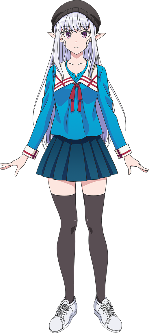 1girl, black_thighhighs, blue_shirt, closed_mouth, collarbone, dot_nose, elf, full_body
