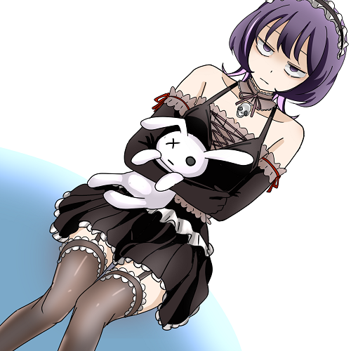 1girl, :|, bare_shoulders, black_dress, black_garter_straps, black_gloves, black_hairband, brown_thighhighs