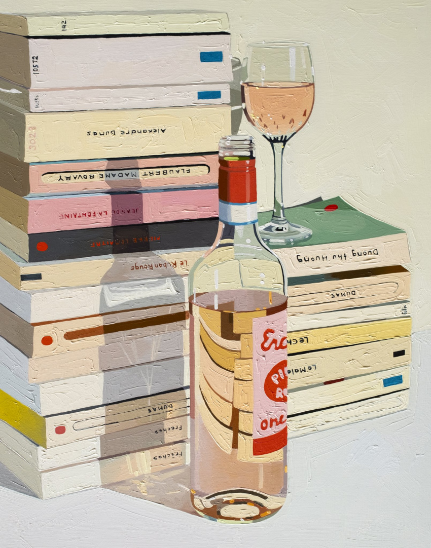 alcohol, book, book_stack, bottle, cup, drink, drink_focus, drinking_glass, highres, leah_gardner, no_humans, original, still_life, wine_glass