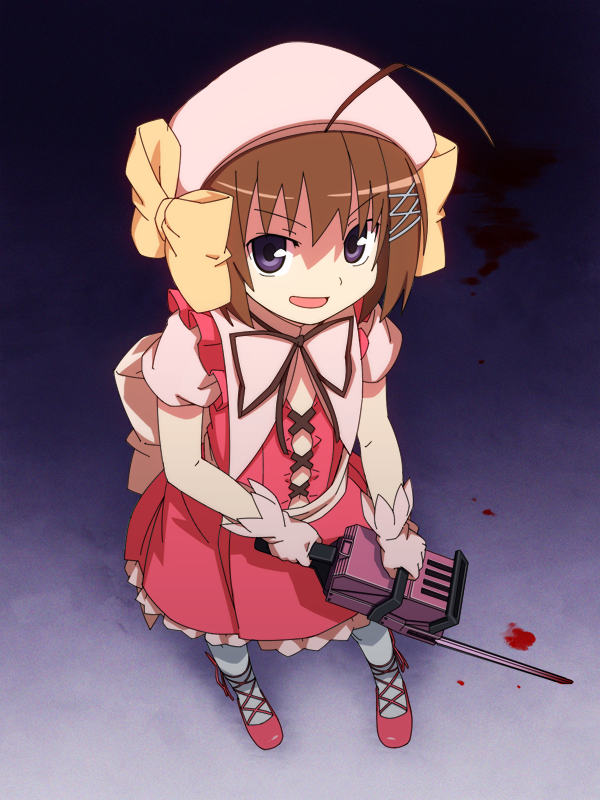 bad_id, blue_eyes, blush, bow, brown_hair, chainsaw, ettamu, fang