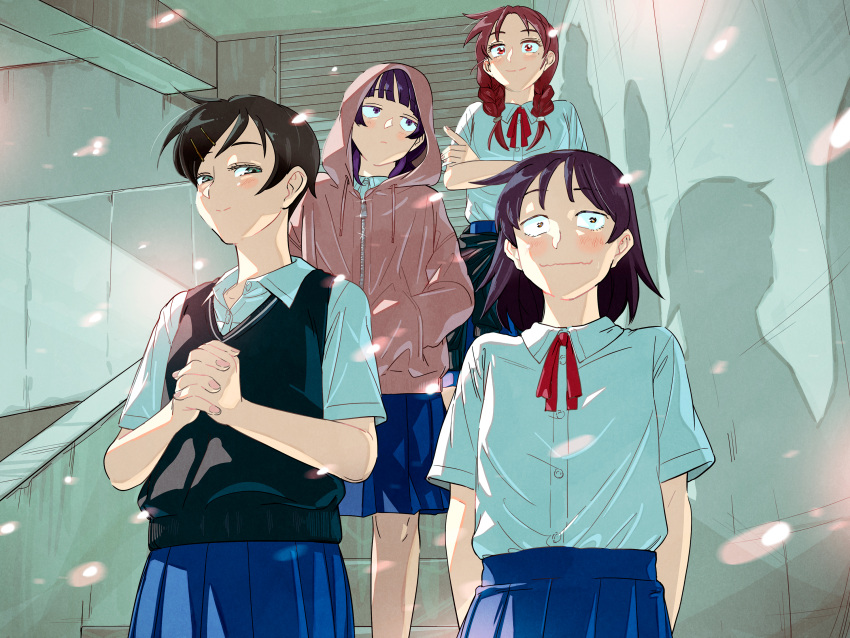 4girls, :|, arms_behind_back, black_hair, black_sweater_vest, blue_skirt, blunt_bangs, blush