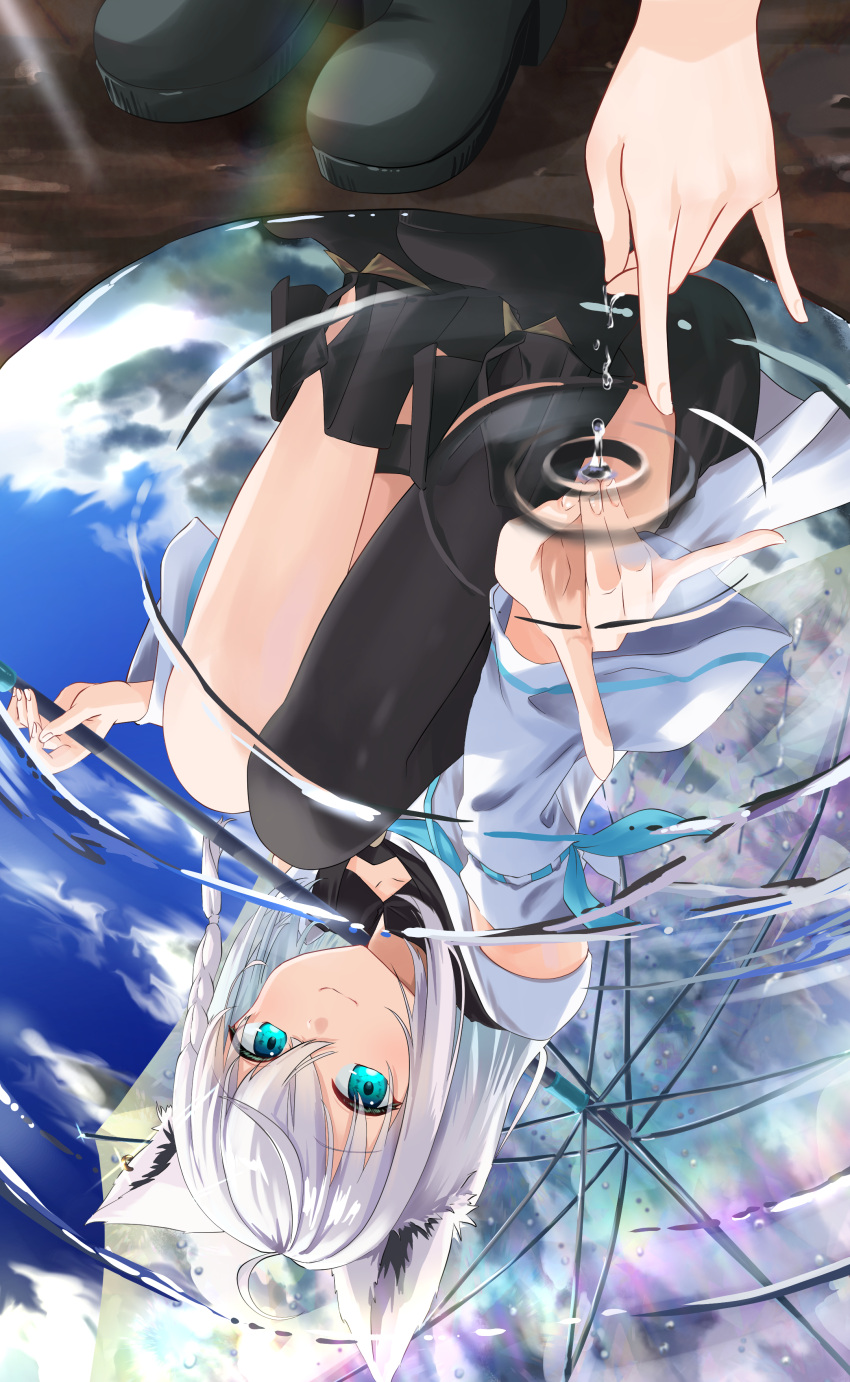 1girl, absurdres, ahoge, animal_ear_fluff, animal_ear_piercing, animal_ears, ankle_boots, aqua_bow
