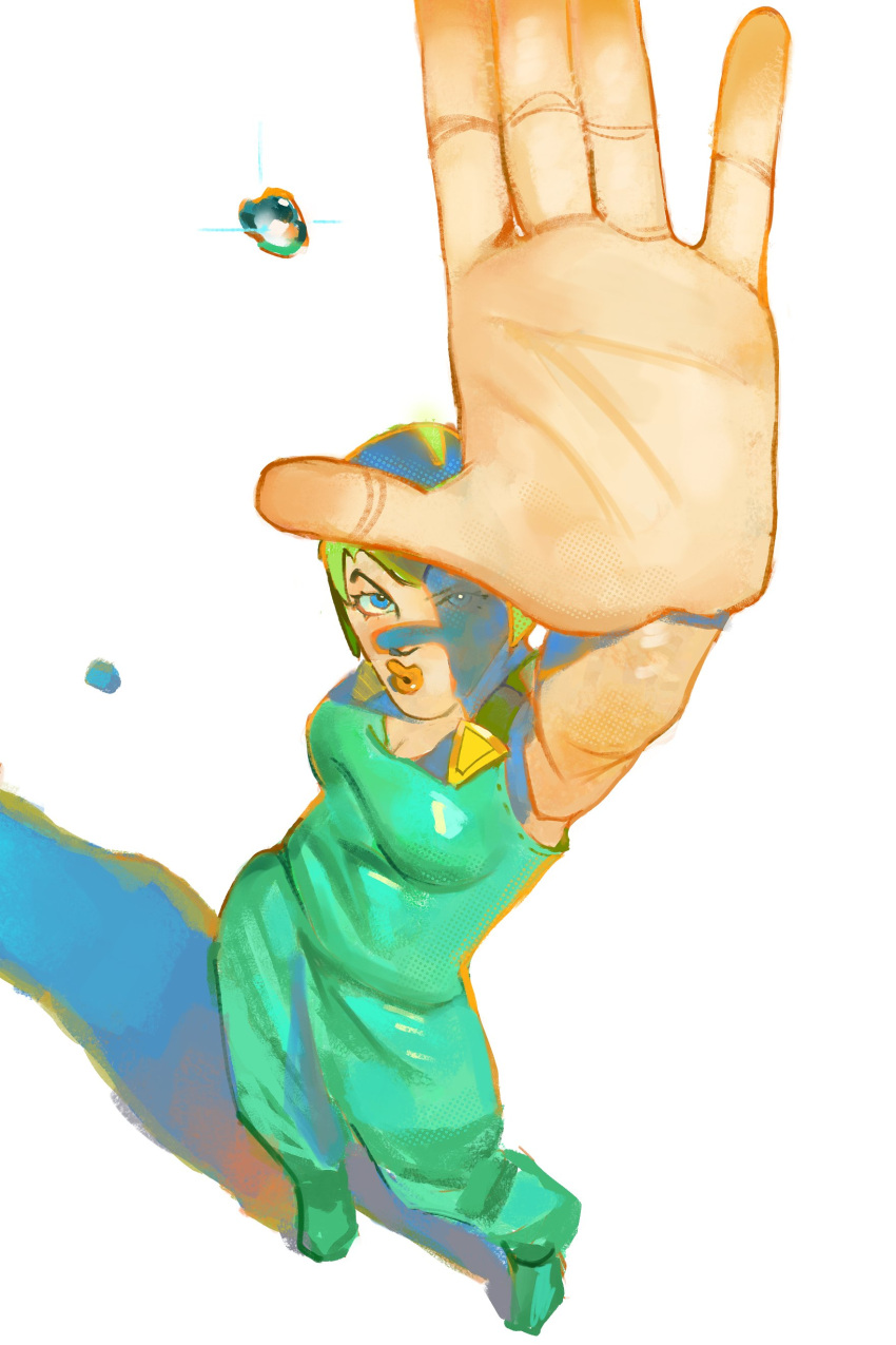 1girl, absurdres, arm_up, blue_eyes, foo_fighters_(jojo), green_hair, green_overalls, hand_up