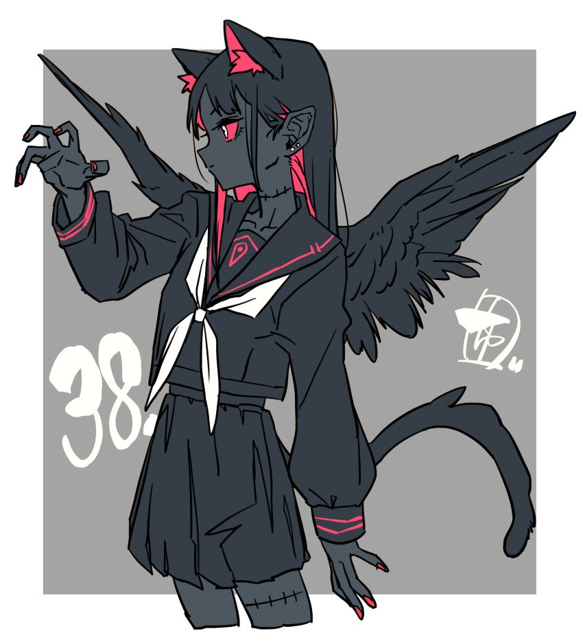 1girl, absurdres, animal_ears, black_hair, black_serafuku, black_skin, black_skirt, black_tail