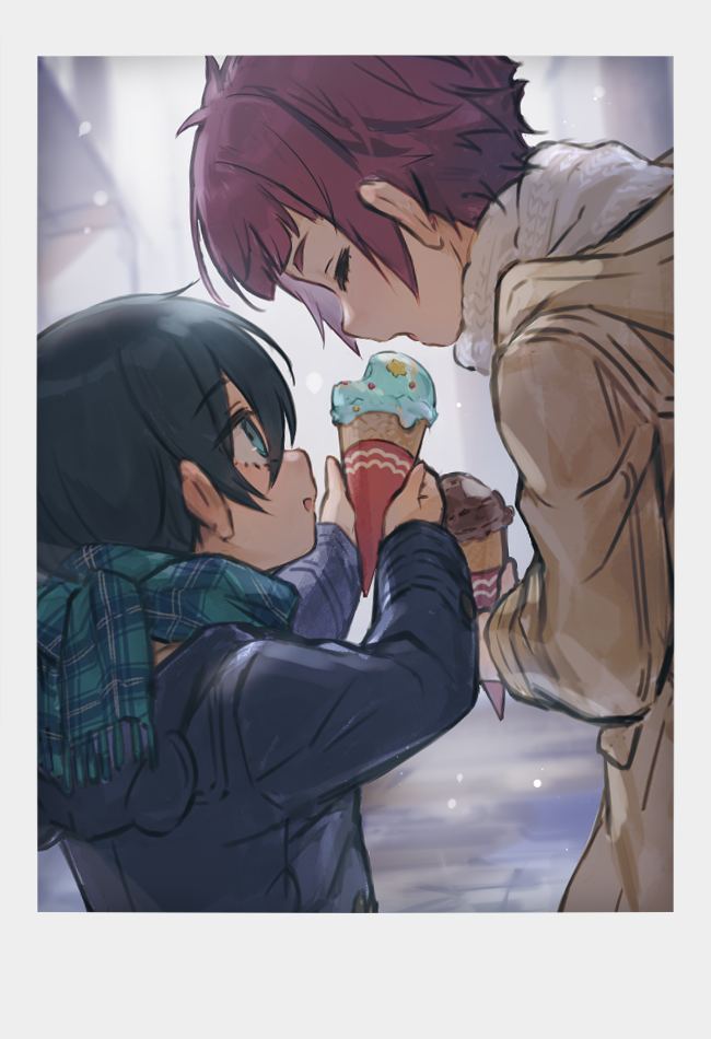 2boys, :d, black_coat, black_hair, blue_lock, border, brothers, brown_coat