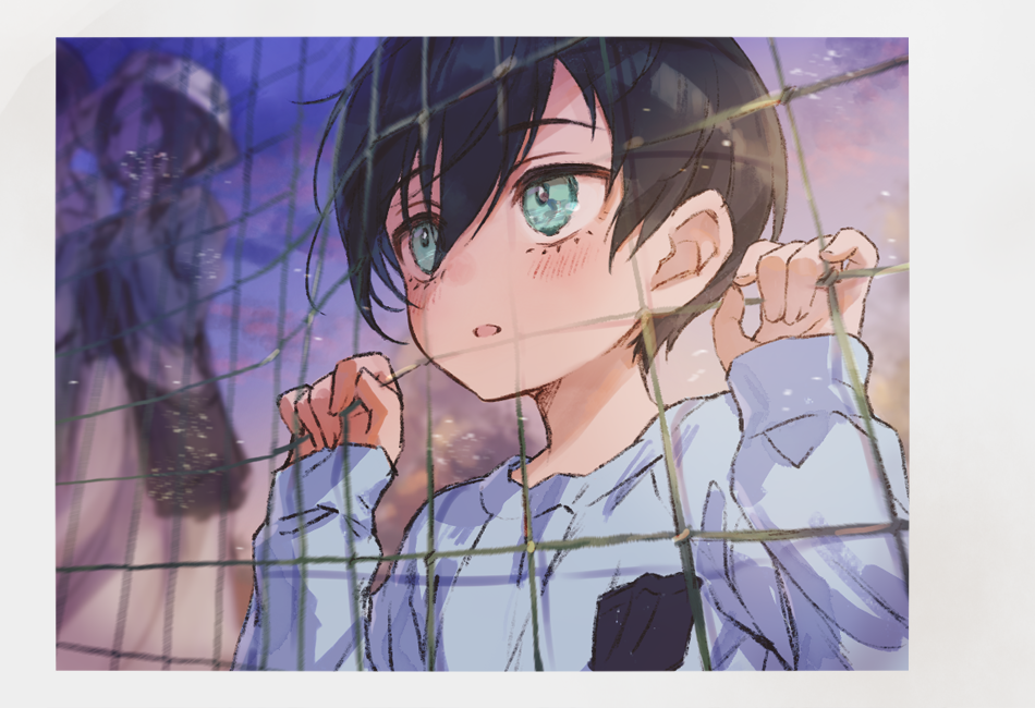 1boy, aged_down, aqua_eyes, black_hair, blue_lock, blue_shirt, border, child, grey_border, hair_between_eyes, itoshi_rin, long_sleeves, male_focus, negairi, net, open_mouth, shirt, short_hair, upper_body