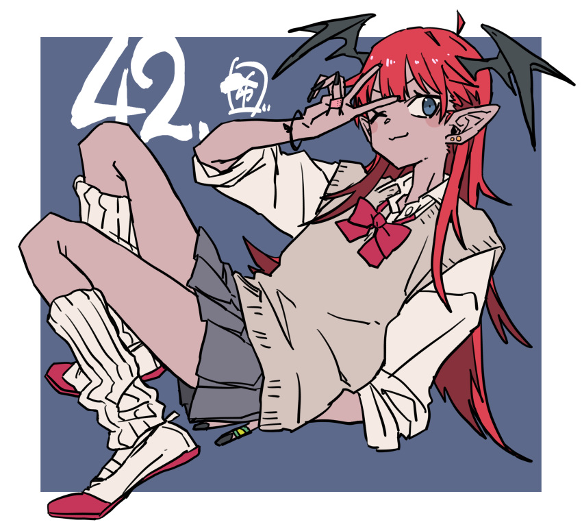 :3, armlet, bandaid, bandaid_on_finger, black_nails, black_wings, blue_eyes, blue_skirt
