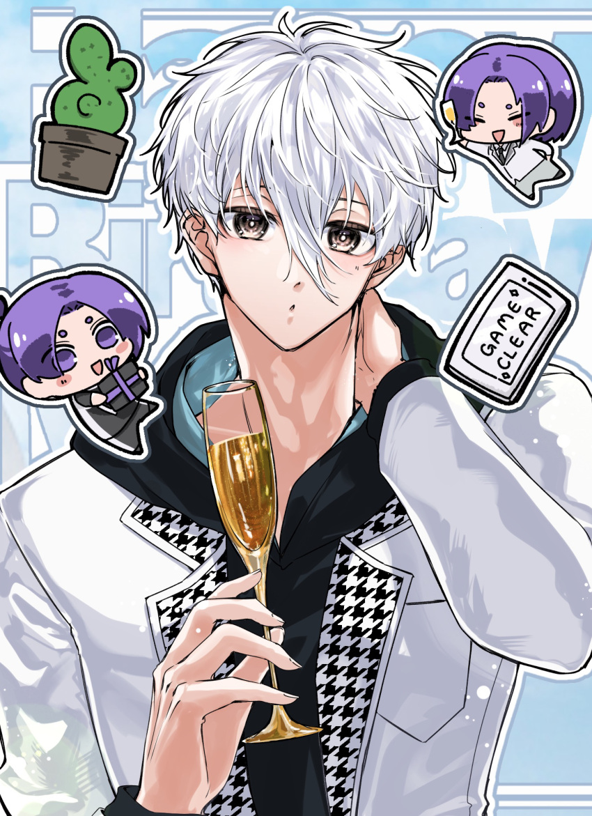 black_hoodie, blue_lock, cactus, chibi, chibi_inset, coat, cup, drink