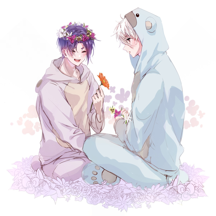 2boys, blue_lock, flower, flower_wreath, full_body, hair_flower, hair_ornament, highres