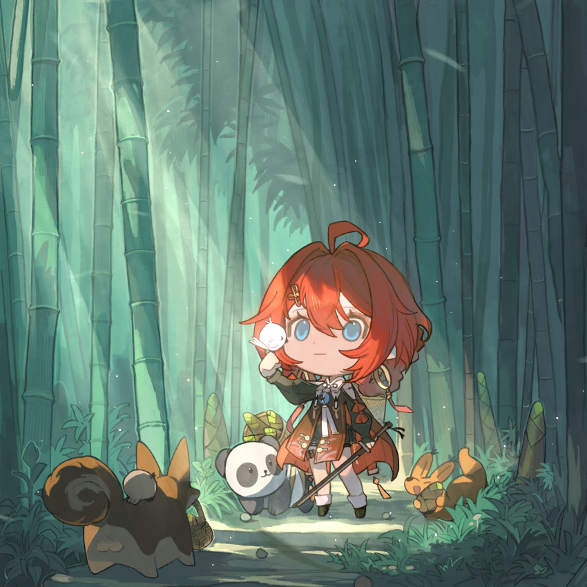 1girl, absurdres, ahoge, animal, bamboo, bamboo_forest, blue_eyes, chibi