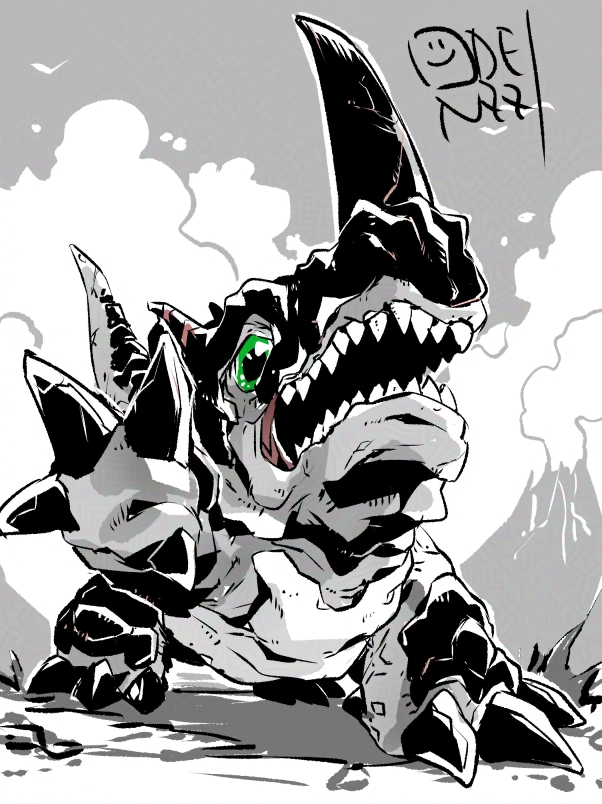 all_fours, artist_name, digimon, digimon_(creature), dinosaur, green_eyes, greyscale, horns