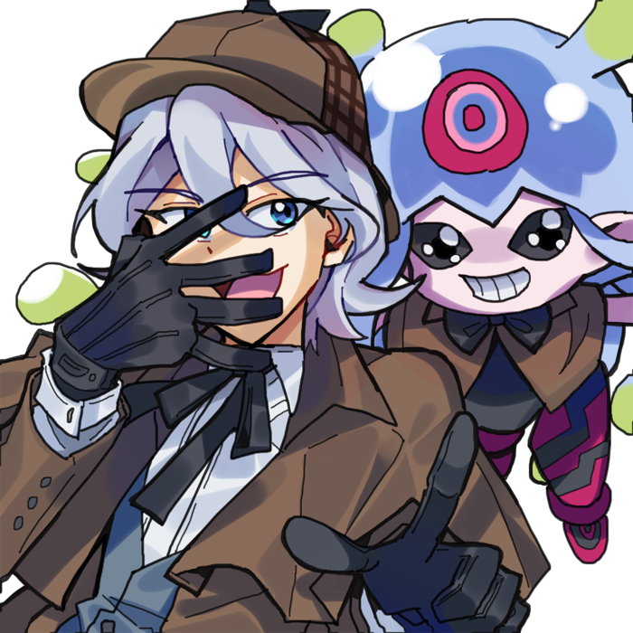 1boy, 1girl, black_gloves, blue_eyes, brown_capelet, brown_coat, brown_hat, capelet, coat, cosplay, digibibim, digimon, digimon_ghost_game, gloves, grey_hair, grey_vest, hat, higashimitarai_kiyoshiro, jellymon, sherlock_holmes, sherlock_holmes_(cosplay), shirt, simple_background, upper_body, vest, white_background, white_shirt