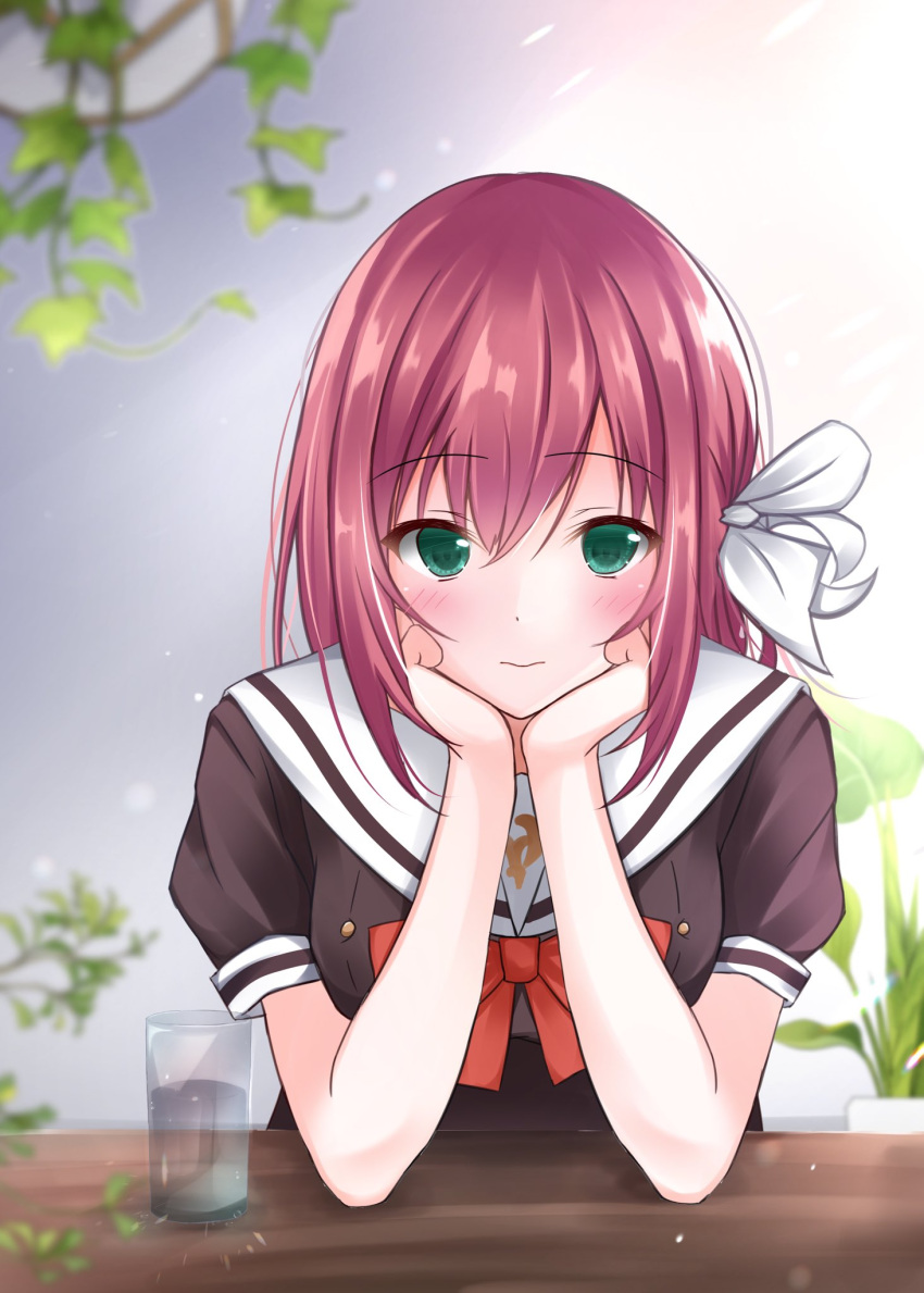 1girl, atri-my_dear_moments-, blurry, blush, bow, bowtie, brown_shirt, buttons