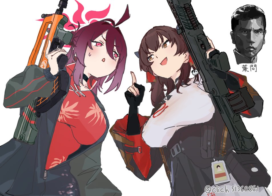 1boy, 2girls, assault_rifle, black_choker, blue_archive, breasts, brown_eyes, brown_hair