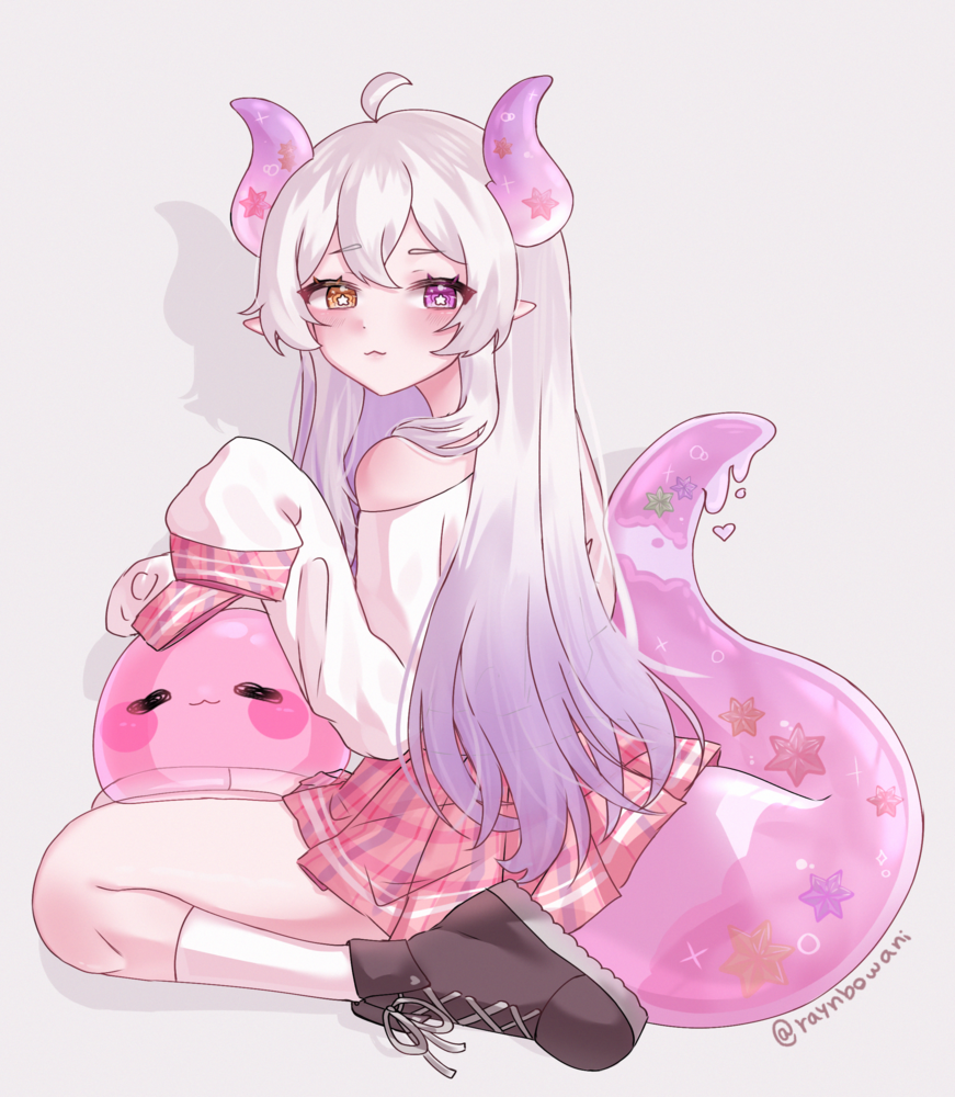 1girl, :3, ahoge, blush, boots, candy, dragon_horns, dragon_tail