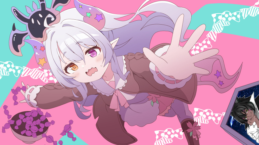 1girl, ahoge, awa_ben_0521, blue_background, blush, boots, brown_jacket, candy