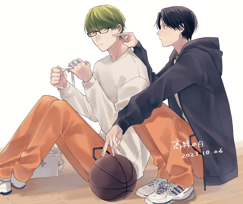 2023, 2boys, adam's_apple, ball, bandaged_fingers, bandages, basketball_(object), black-framed_eyewear, black_hair, black_jacket, cheek_poking, closed_mouth, commentary_request, crossed_ankles, dated, eye_contact, first_aid_kit, frown, glasses, green_eyes, green_hair, highres, hood, hood_down, hooded_jacket, jacket, kiri_se, kuroko_no_basuke, long_sleeves, looking_at_another, male_focus, midorima_shintarou, multiple_boys, orange_pants, pants, poking, rectangular_eyewear, shirt, shoelaces, shoes, sitting, sleeves_past_wrists, sneakers, takao_kazunari, white_background, white_footwear, white_shirt