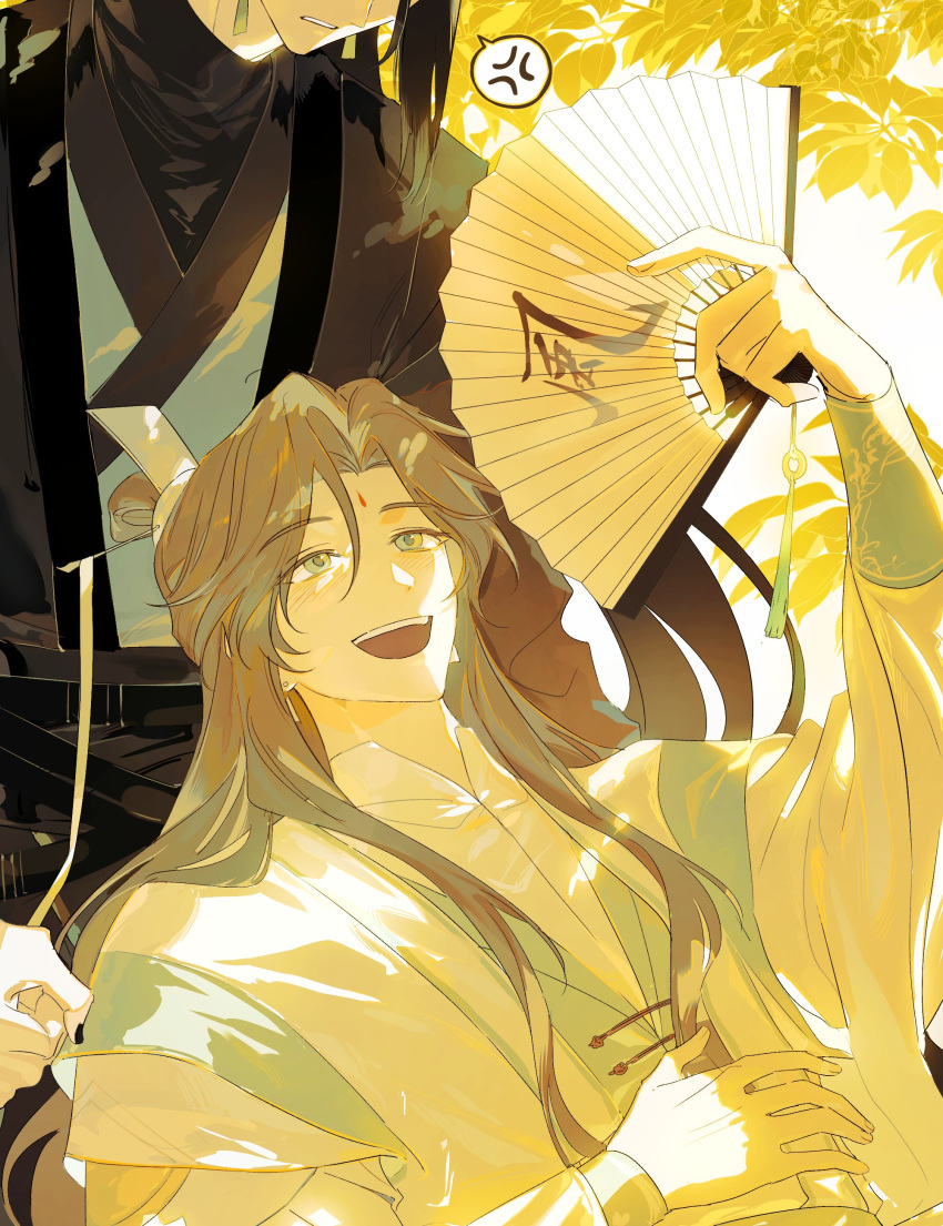 2boys, absurdres, bindi, black_hair, black_hanfu, black_nails, brown_hair, chinese_clothes